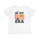 Printify white women t shirt with orange and black In My Good Witch Era design eco friendly halloween t shirt women