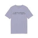 Printify lavender crew neck eco-friendly unisex t-shirt with black text I had my patience tested Im negative