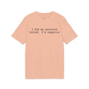 Printify peach graphic eco-friendly unisex t-shirt with black text I had my patience tested Im negative