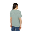 Back view of model wearing Printify sage tee with black text I had my patience tested Im negative eco-friendly unisex t-shirt