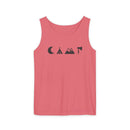 Printify coral camping graphic shirt featuring moon tent mountains axe on eco-friendly unisex tank top