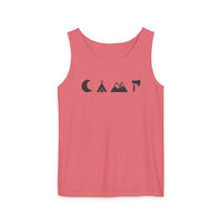 Printify coral camping graphic shirt featuring moon tent mountains axe on eco-friendly unisex tank top