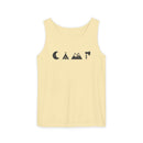 Printify pale yellow tank top with black moon tent mountains and axe icons eco-friendly unisex tank top for outdoor lovers