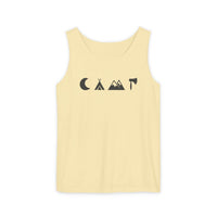 Printify pale yellow tank top with black moon tent mountains and axe icons eco-friendly unisex tank top for outdoor lovers