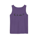 Printify purple tank top with minimalist camping icons moon tent mountains axe eco-friendly unisex tank top