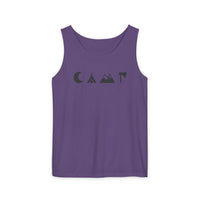 Printify purple tank top with minimalist camping icons moon tent mountains axe eco-friendly unisex tank top