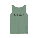 Printify eco-friendly unisex tank top in sage green with minimalist camping icons moon tent mountains and axe