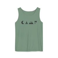 Printify eco-friendly unisex tank top in sage green with minimalist camping icons moon tent mountains and axe