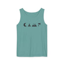 Printify teal eco-friendly unisex tank top with minimalist black camping icons moon tent mountains axe