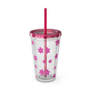 Printify personalized eco-friendly tumbler clear double wall cup with pink lid straw and pink flower print