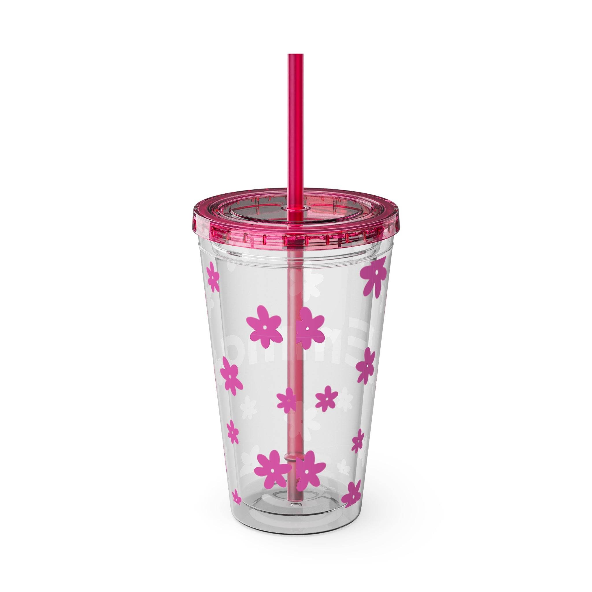 Printify personalized eco-friendly tumbler clear double wall cup with pink lid straw and pink flower print