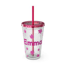 Clear acrylic tumbler with pink lid and straw floral name Emma design personalized eco-friendly tumbler for reusable cold drinks
