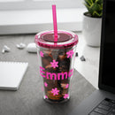 personalized eco-friendly tumbler clear double wall cup with pink lid and straw Emma name floral decals iced coffee on desk