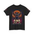 Printify eco-friendly Halloween cat shirt black tee featuring winged black cat on skulls roses and orange full moon