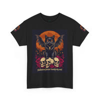 Printify eco-friendly Halloween cat shirt black tee featuring winged black cat on skulls roses and orange full moon