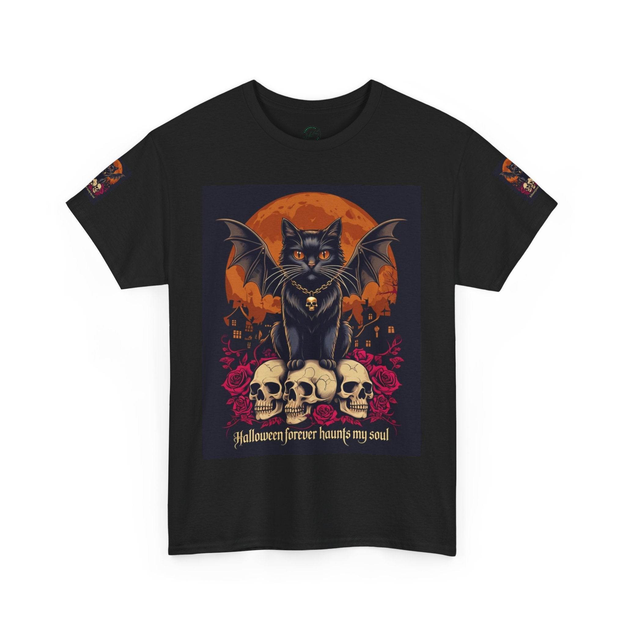 Printify eco-friendly Halloween cat shirt black tee featuring winged black cat on skulls roses and orange full moon