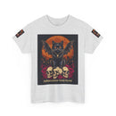 Light gray Printify T shirt with eco-friendly Halloween cat shirt design, winged black cat on skulls orange moon and roses