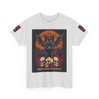 Light gray Printify T shirt with eco-friendly Halloween cat shirt design, winged black cat on skulls orange moon and roses
