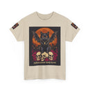 Printify eco-friendly Halloween cat shirt beige tee featuring a black winged cat perched on skulls and an orange moon