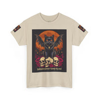 Printify eco-friendly Halloween cat shirt beige tee featuring a black winged cat perched on skulls and an orange moon