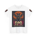 eco-friendly Halloween cat shirt Printify white tee with black winged cat sitting on skulls with roses and orange full moon