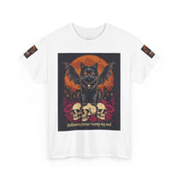 eco-friendly Halloween cat shirt Printify white tee with black winged cat sitting on skulls with roses and orange full moon