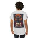 Printify eco-friendly Halloween cat shirt featuring black bat winged cat perched on skulls with orange moon back print