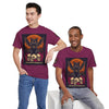 Printify eco-friendly Halloween cat shirt on maroon unisex tee featuring winged black cat perched on skulls and orange moon