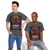 Printify T shirts featuring eco-friendly Halloween cat shirt design of a bat winged black cat over skulls and an orange moon