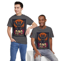 Printify T shirts featuring eco-friendly Halloween cat shirt design of a bat winged black cat over skulls and an orange moon