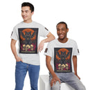 Printify eco-friendly Halloween cat shirt on two men featuring black winged cat over skulls and orange moon