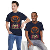 Printify navy T shirts featuring a gothic black cat with bat wings, skulls and orange moon, eco-friendly Halloween cat shirt