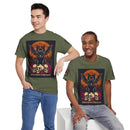 Two men modeling Printify eco-friendly Halloween cat shirt olive green tee with bat winged black cat over skulls and orange moon