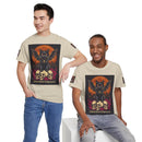 Printify eco-friendly Halloween cat shirt beige tee featuring black bat winged cat on skulls by orange moon