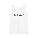White tank top with small black camping icons moon tent mountains axe eco-friendly unisex tank top for outdoors
