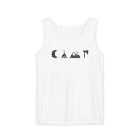 White tank top with small black camping icons moon tent mountains axe eco-friendly unisex tank top for outdoors