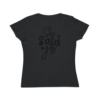 Printify eco-friendly women's engagement shirt black fitted tee with She said yes script back print for brides