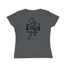 Printify eco-friendly women's engagement shirt dark gray fitted tee back view with She Said Yes design