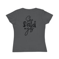Printify eco-friendly women's engagement shirt dark gray fitted tee back view with She Said Yes design
