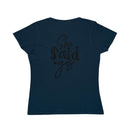 Navy fitted tee back view with black She said yes print eco-friendly women's engagement shirt by Printify
