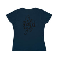 Navy fitted tee back view with black She said yes print eco-friendly women's engagement shirt by Printify