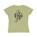 Printify eco-friendly women's engagement shirt in light green fitted tee with black She said yes back print