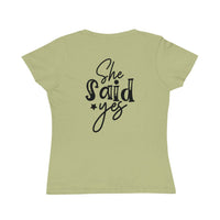 Printify eco-friendly women's engagement shirt in light green fitted tee with black She said yes back print