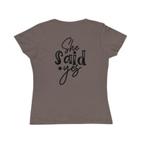 Printify taupe women's tee back view with black She said yes script print eco-friendly women's engagement shirt