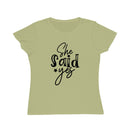 Printify eco-friendly women's engagement shirt light green fitted tee with black She Said Yes script