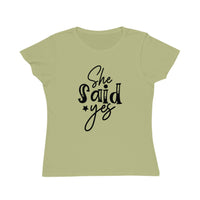 Printify eco-friendly women's engagement shirt light green fitted tee with black She Said Yes script