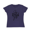 Printify navy fitted t shirt with She Said Yes black script print for bridal parties eco-friendly women's engagement shirt