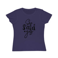 Printify navy fitted t shirt with She Said Yes black script print for bridal parties eco-friendly women's engagement shirt