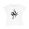 Printify white fitted T-shirt with black She said yes script print on front eco-friendly women's engagement shirt
