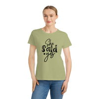 Printify eco-friendly women's engagement shirt light green with black She said yes script on smiling model